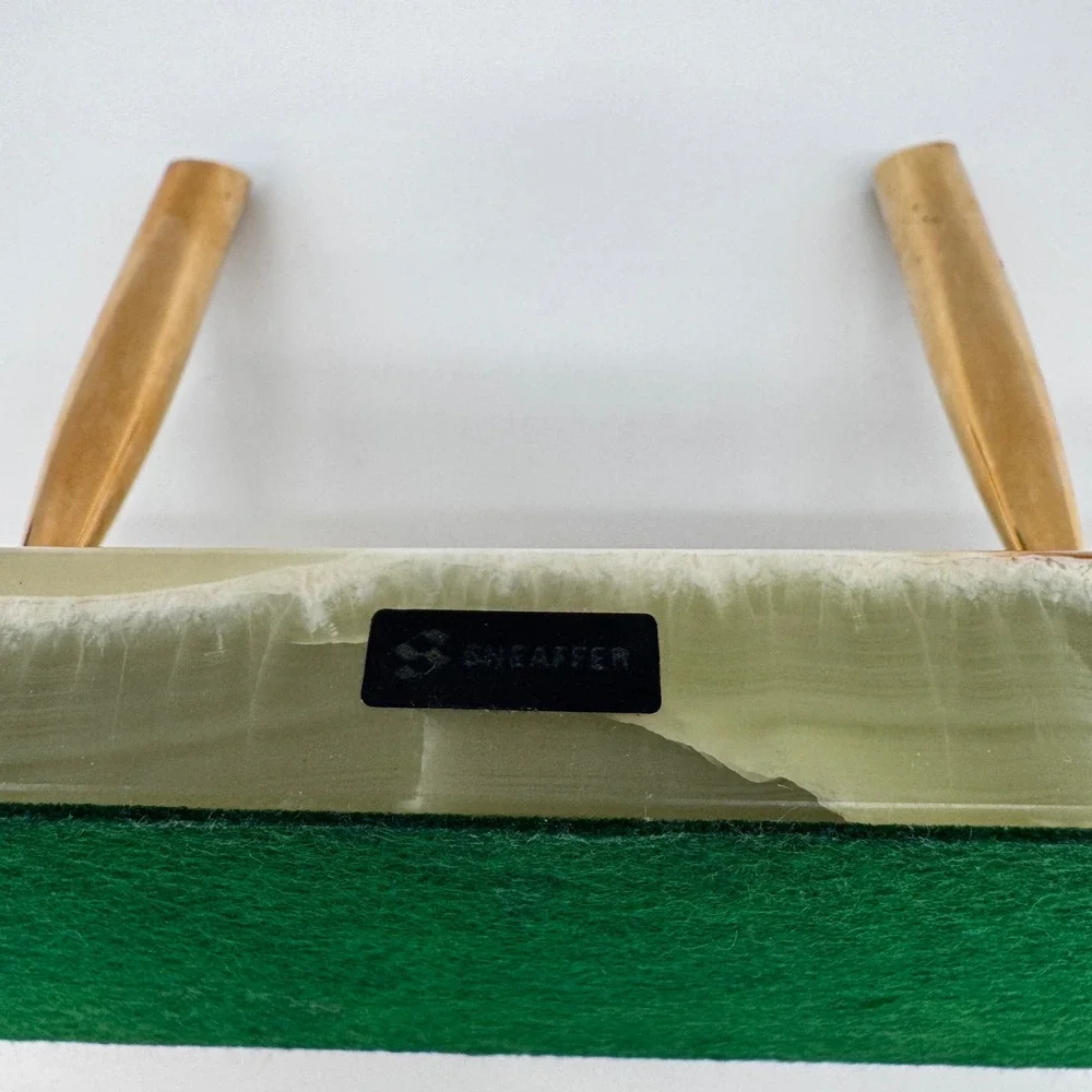 Vintage 1970's Sheaffer Desk Pen Set Green Onyx Marble Double Base Gold Trim